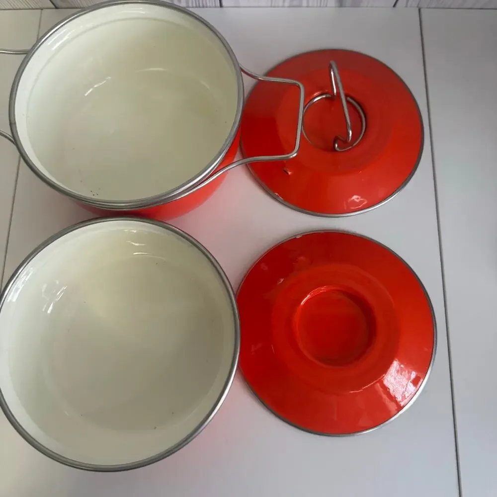 MCM Set of 2 Enamel Bright Red-Orange Lidded Cooking Pots Handle Lid